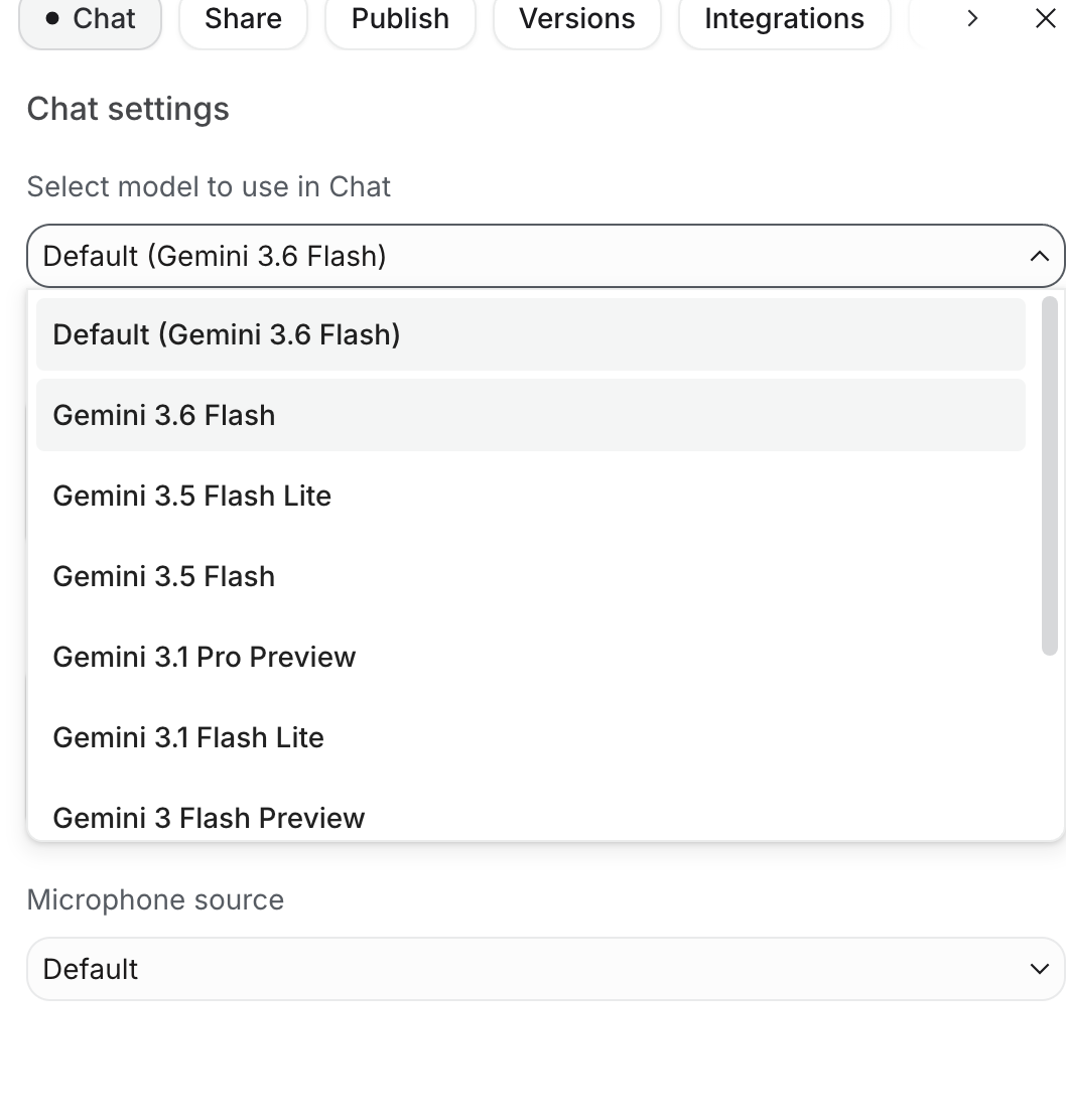 The model selection list in Google AI Studio